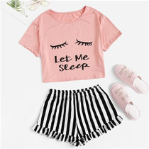 Black Graphic Tee Frilled Striped Shorts