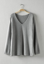 Grey Plain V-neck Long Sleeve Loose Fashion Pullover Sweater