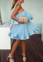 Sky Blue Patchwork Pleated Bandeau Off Shoulder Backless Going out Cute Blouse