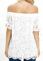 White Patchwork Lace Off Shoulder Boat Neck Fashion Cute Blouse