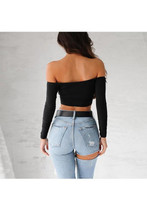 Black Plain Crop Boat Neck Fashion T-Shirt