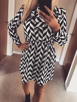 New Black Striped Bow Long Sleeve Sweet Going out Mini Dress