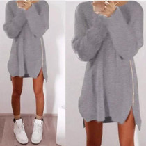 Grey Zipper Irregular Round Neck Long Sleeve Casual Mini Dress