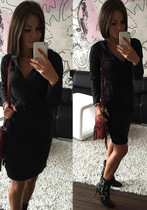 Black Ruffle Zipper V-neck Long Sleeve Casual Mini Dress