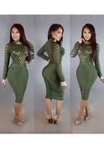 Army Green Plain Hollow-out Round Neck Long Sleeve Bodycon Midi Dress