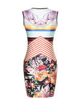 Casual Round Neck Floral Striped Sleeveless Bodycon Dress