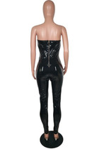 Black Bandeau Off Shoulder Backless PU-Leather Zipper Bodycon Fashion Long Jumpsuit