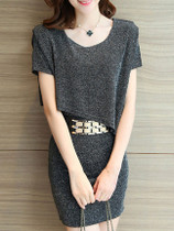 Casual Round Neck Belt Plain Sparkling Bodycon Dress