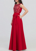 Red Patchwork Draped Belt Sleeveless Elegant Prom Evening Party Maxi Dress