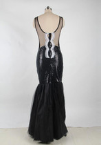 Black Patchwork Lace Grenadine Sequin Mermaid Prom Evening Party Maxi Dress