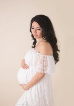 White Lace Bandeau Pleated Boat Neck Off Shoulder Floor Length Maternity Maxi Dress