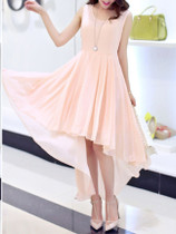 Casual High-Low Round Neck Bowknot Plain Chiffon Maxi Dress