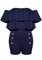 Purplish Blue Bandeau Cascading Ruffle Buttons Off Shoulder High Waisted Short Jumpsuit