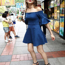 Casual Dark Blue Plain Ruffle Draped Boat Neck Off-shoulder A-line Denim Mini Dress