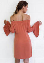 Casual Nacarat Plain Ruffle Boat Neck Off-shoulder Flare Sleeve Mini Dress