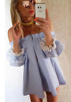 Casual Blue-White Patchwork Lace Pleated Off-shoulder Lantern Sleeve Cute Mini Dress