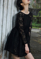 Black Plain Lace Hollow-out Pleated See-through Cute Homecoming Prom Skater Mini Dress