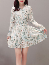 Casual V-Neck Elastic Waist Ruffled Hem Floral Chiffon Skater Dress
