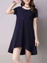 Casual Round Neck Embroidery Plain High-Low Shift Dress