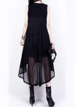 Casual Round Neck Hollow Out Plain High-Low Chiffon Maxi Dress