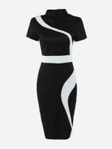 Casual Color Block Elegant Band Collar Bodycon Dress