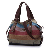 Women Bag Canvas Handbag Messenger Bag Leather Shoulder Bag Stripe Crossbody Bag Rainbow