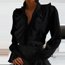 Black V-Neck Print Ruffle Blouse