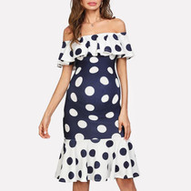 Maternity Off Shoulder Color Block Polka Dot Printing Dress