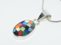 Sterling Silver Oval Enamel Multi-Colored Pendant Necklace