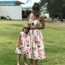 Family Look Women Matching Mother And Daughter Clothes Sleeveless Floral Dress For Mommy And Me Kids Girls Mom Daughter Dresses