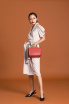 Brown Synthetic Gold Metal Handle Spare Striped Shoulder Strap Tall Rectangular Box Tote Bag