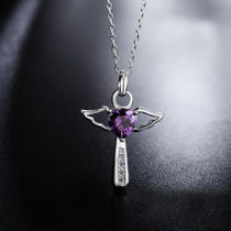 Angelic Sterling Silver Winged Crystal Heart Cross Pendant Necklace