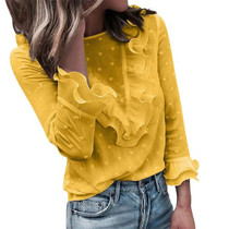 Women Ladies Casual Lace Polka Dot O Neck shirt Long Sleeve Tops Blouse Womens Clothing Top #K20
