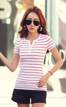 T Shirt Women 2020 Summer Top Shirts V-neck Short Sleeve Casual tshirts White Strip T-Shirt  Plus Size Cotton Tee Shirt Femme #T