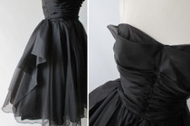 • Vintage 50's Black Organdy Strapless Petal Bust Party Dress