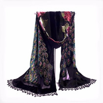Vintage Peacock 100% Velvet Silk Scarves Chinese Style Women's Beaded Embroidery Shawl Scarf Wrap Long Fringle Pashmina Stole