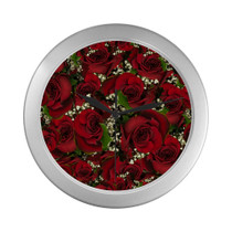 Carmine Roses Silver Color Wall Clock