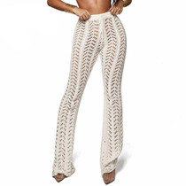 Women Summer Beach Knitted Hollow Out Pants See Through Mesh Crochet Flare Pant Sexy Bodycon Party Trousers Clubwear