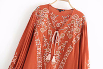 chic floral embroidery v-neck lace-up cotton Bohemian Blouse Shirts