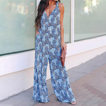 Boho Print V-neck Cross Backless Wide Leg Jumpsuit