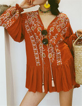 Vintage chic floral embroidery v-neck lace-up cotton Bohemian Blouse Shirts