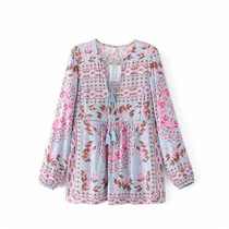 Vintage chic floral printed v-neck lace-up Bohemian Blouse Shirts