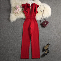 Deep V neck Sexy Solid Color Straight Jumpsuits