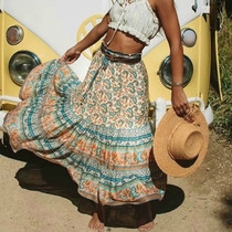 Vintage chic floral peacock printed High Elastic Waist Boho Bohemian Skirts