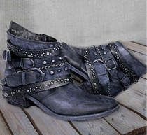 Women Winter Vintage Chunky Buckle Strap Rivet Booties