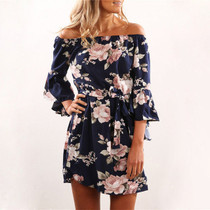 Off Shoulder Floral Print Chiffon Dress Boho Style