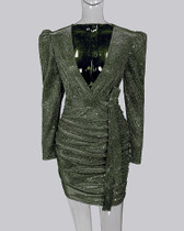 Glitter Plunge Puff Sleeve Ruched Bodycon Dress