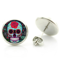 Sugar Skull Glass Stud Earrings