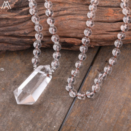 108 White Quartz Bead Mala Necklace w/ Double Point Crystal Pendant