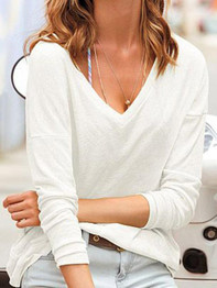 Fashion Loose Plain Long Sleeve V Neck T-Shirts